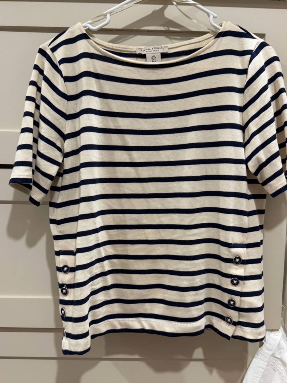 Martha Stewart Navy and Cream Striped Short Sleeve Knit Top